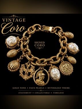 Vintage Coro Gold Tone Charm Bracelet Greek Roman Faux Pearl Signed